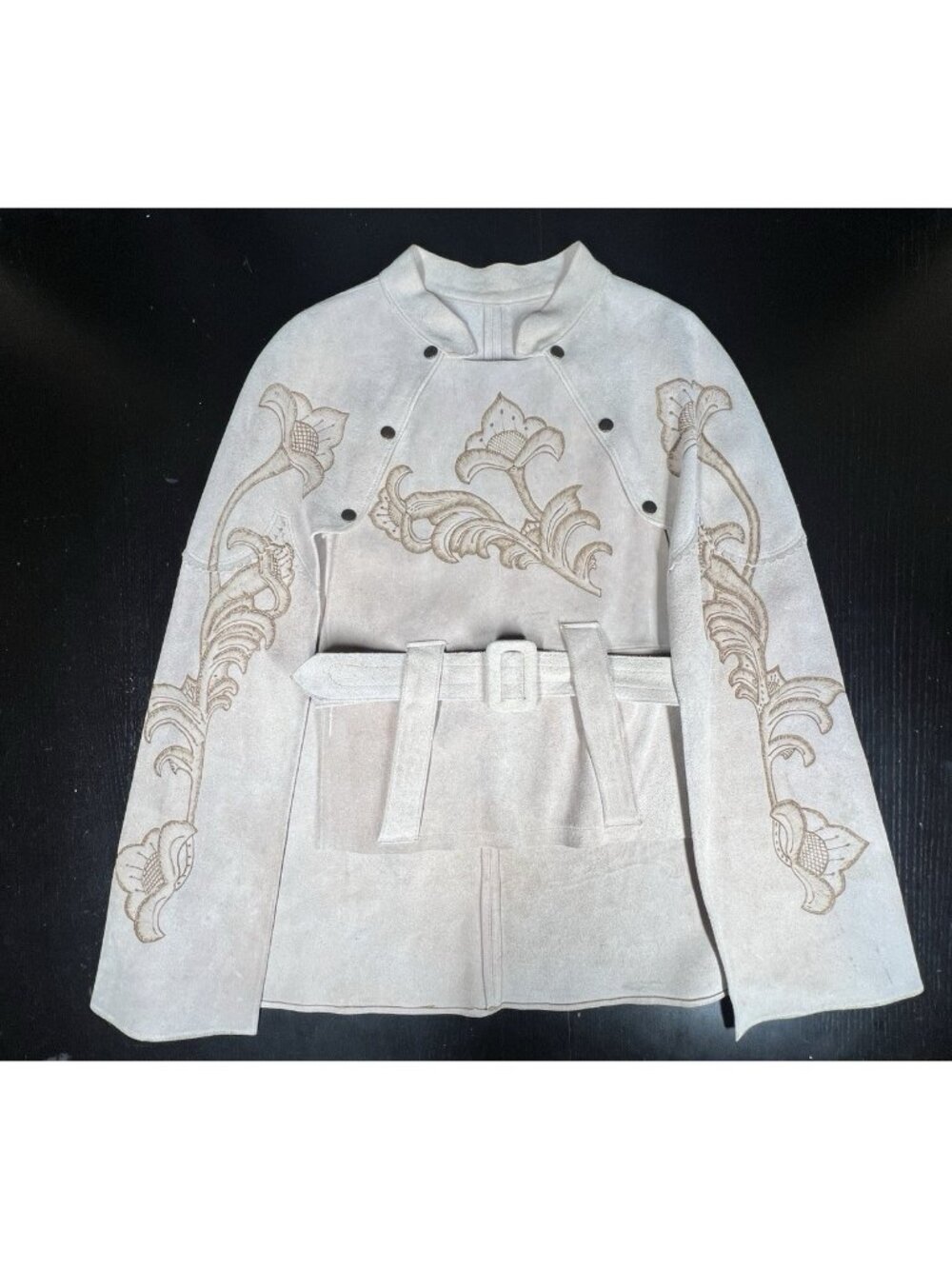 Vintage Suede Leather Floral Tooled Cape Poncho w/ Belt